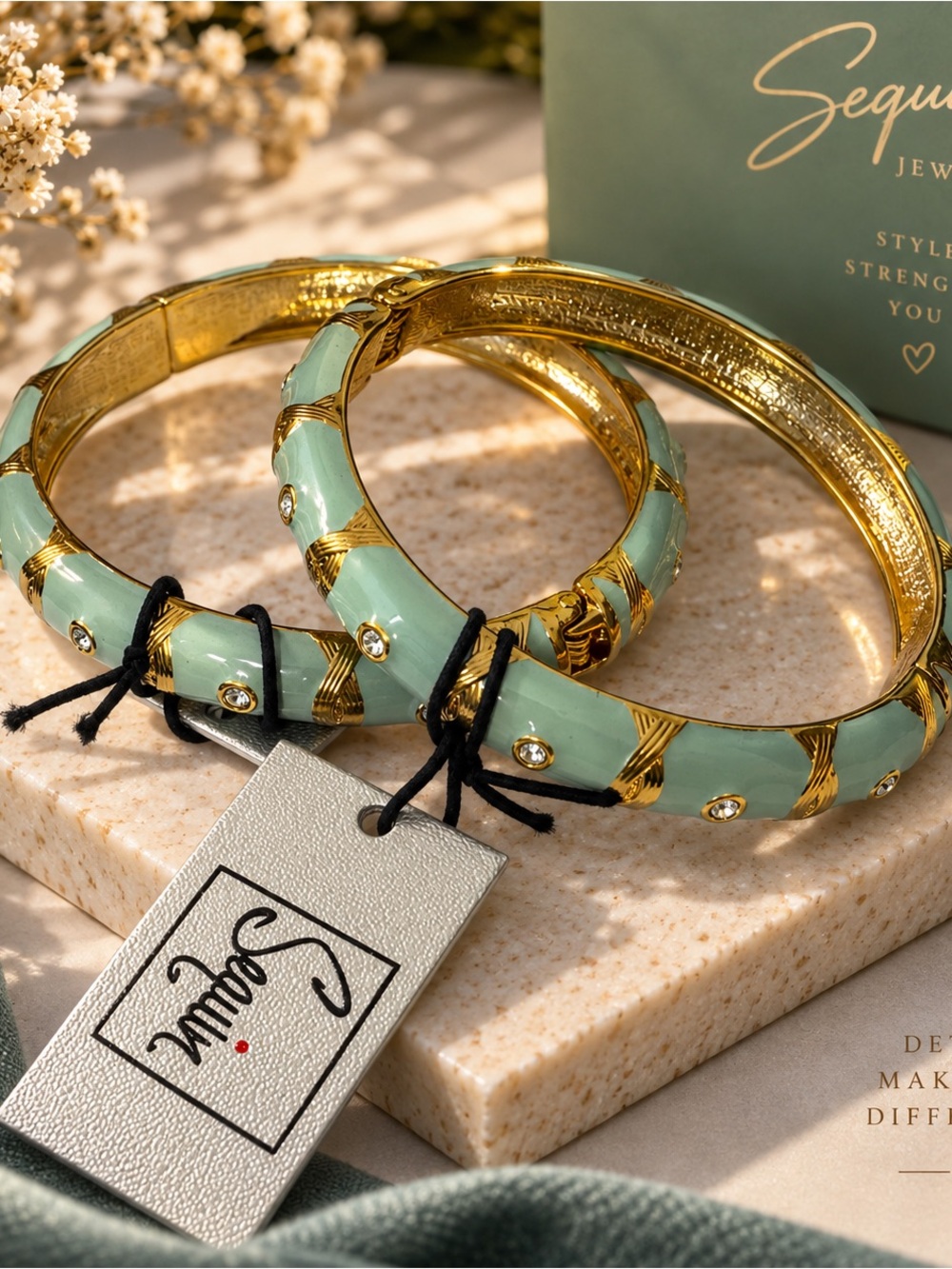 Sequin Mint and Gold Enamel Bangle Bracelet Set